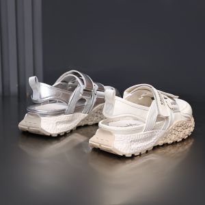 Platform Daddy Shoes: Women's Summer New Velcro Small Man Heightened Mesh Breathable Silver Sports Sandals