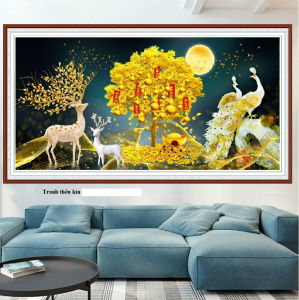 (Tranh CHƯA THÊU) Tranh thêu kín Hươu Tài Lộc dưới Cây Tiền Vàng và Chim Công Phú Qúy 150x70 cm MN0245