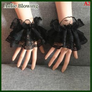 Aolie Lolita Hand Sleeve Wrist Cuffs Ruffled Floral Black Lace Elastic Bracelet Elegant Ladies Short Lace Gloves Halloween
