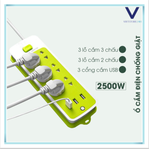 Ổ Điện D42 Đa Năng 6 Lổ & 3 Cổng Sạc USB - Ỗ Cắm Điện Xanh Lá Có Cổng USB Tiện Dụng Cho Gia Đình