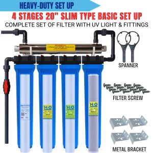 4 Stage 20" Slim Type Whole House Water Filtration System with 6GPM 25W UV Light UPVC Fittings