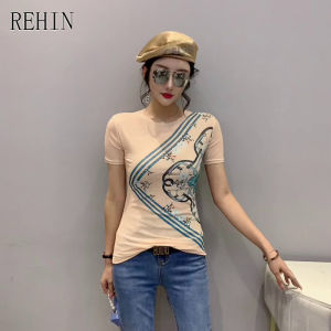 REHIN Womens top Fashion mesh unique pattern print short sleeve T-shirt round neck slim fit S-3XL tide blouse