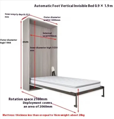 Custom All Designs - New Elegant Murphy Wall Bed with Silent Corner Bracing 1.5m Height Mattress Included