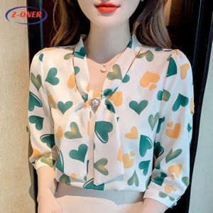 Z-ONER Womens Blouse Cropped Sleeve Printed Chiffon Shirt Plus Size Blouse