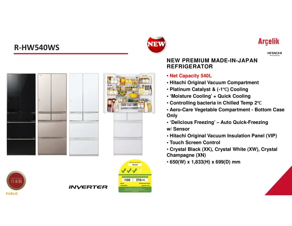 HITACHI R-HW540WS-XN 540L 6 DOOR FRIDGE COLOUR: CRYSTAL CHAMPAGNE
