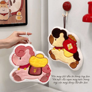Khăn Lau Tay Lông Cừu Hình Ngựa Cõng Vàng May Mắn Treo Bếp Nhà Tắm Siêu Thấm Nước 24x19.5cm