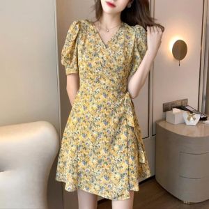 Floral Women Girl Dress Korean Temperament Loose Skirt Clothes Flower One Piece Large Swing Short Sleeve Dress