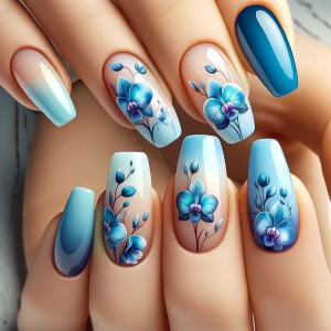 24 Pcs Blue Gradient Stick On Nail False Nail Short Ballerinas Press On Nail Flowers Artificial Acrylic Nail