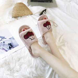 (SG Seller) Women Cartoon Slippers Women Slipper Cute Embroidery Plush Versatile Warm Home Slippers Bedroom Slipper Indoor House Sandals Plus Size Cute Fruits Cherry Strawberry Embroidery Slipper