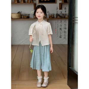LHM Váy Bé Gái Váy Cho Bé Gái 10 Tuổi Quần Áo Của Con Gái Váy Trẻ Em Màu Kem Cho Bé Gái Bộ Đồ Trung Quốc Mới Mùa Hè Bộ Đồ Thân Trên Mới Cho Trẻ Em Bộ Đồ Hai Mảnh