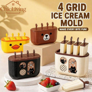 ChicLiving Ice Cream Mold 4 Grid Popsicle Mould With Sticks DIY Frozen Juice Yogurt Maker Non Stick PP