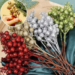 5Pcs Artificial Gold Powder Glitter Berries Stems DIY Crafts Wreath Xmas Tree Decoration Home Decoration