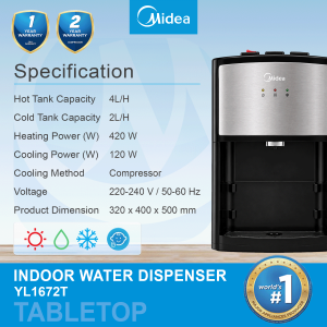 [FREE INSTALL] MIDEA Tabletop Water Dispenser Hot & Cold with 4 Antibacterial Filter Halal Certified - 1672T