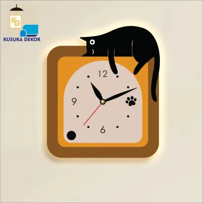Jam DInding Ukir Kucing HOME SWEET HOME Lampu LED Aestetic Ruang Tamu Wall Decor