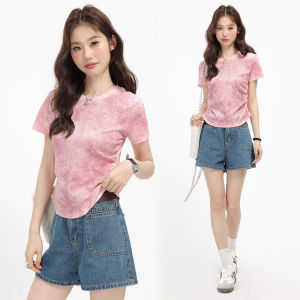 เสื้อยืดแขนสั้นทรงสลิมย้อนยุคสไตล์อเมริกันสำหรับผู้หญิง เสื้อมัดย้อมฤดูร้อนแบบใหม่ ทรงสั้น ผ้าฝ้ายยืดหยุ่น