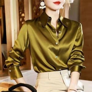 {Shipped from Manila+COD} (S-3XL) Light Luxury Silk Satin Blouse – Elegant Long Sleeve Lapel Loose Fit Multi-Color Top for Office & Formal Wear