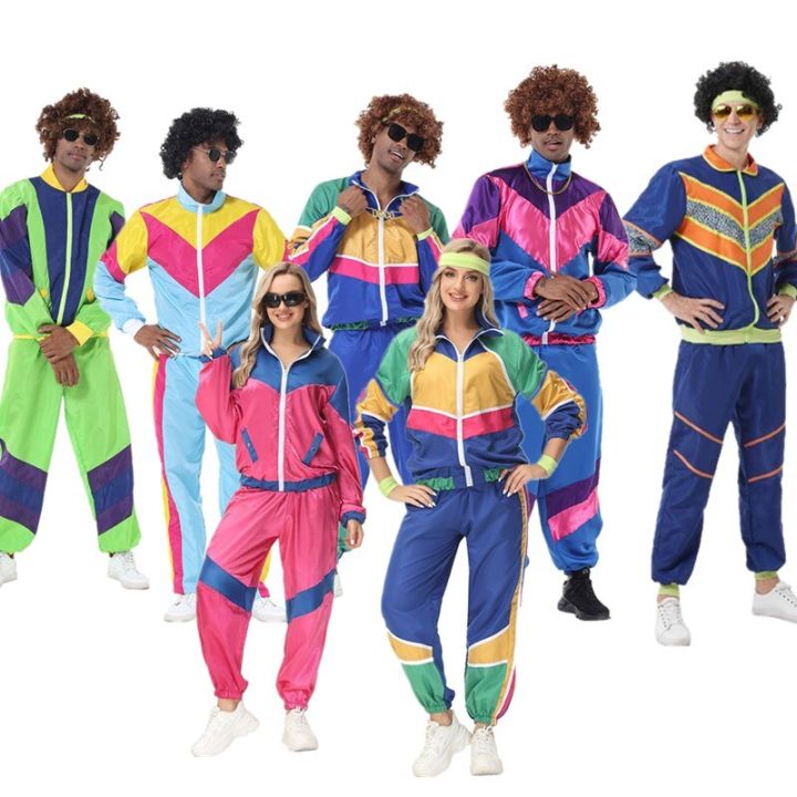 Men Women Retro 70S 80S Disco Costume Vintage Hip-hop Dancer Cosplay  Sportwear Jacket Pants Heabands Halloween Carnival Outfits