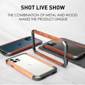 R-Just Wood Metal Phone Case for iPhone 12 Luxury Aluminum Slim Natural Wood Bumper Case for iPhone 12 Pro Max 12 Mini Cover
