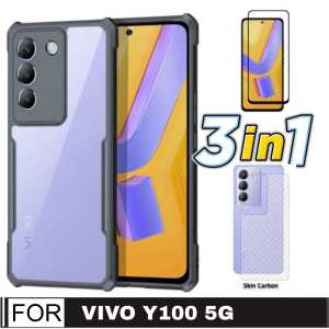 Promo Paket 3 in 1 Case Armor Fusion Shockproof Transparent Vivo Y100 / Vivo Y200e 2024 / Vivo Y75 5G 2022 + Anti Gores Layar + Garskin Carbon Transparan