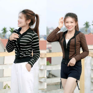 Áo khoác nữ sọc form lửng chất gân tăm mát mịn/Phối nẹp khoá thời trang xinh xắn/ 2 túi trong
