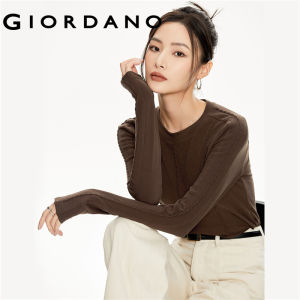 GIORDANO Nữ Áo thun Dralon Vải dệt kim cáp Áo thun cổ tròn dài co giãn ôm dáng thời trang thường ngày đơn giản 18323921