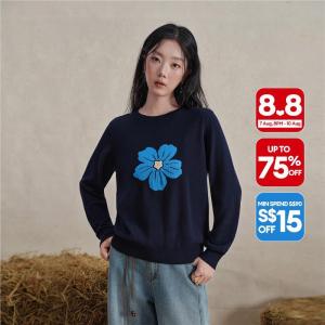 Giordano Women Contrast floral jacquard cotton sweater Free Shipping 18356720