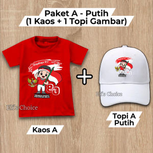 Grosir Kaos + Topi Anak Motif 17 Agustus Kemerdekaan Indonesia Baju Topi Anak Merah Putih HUT RI