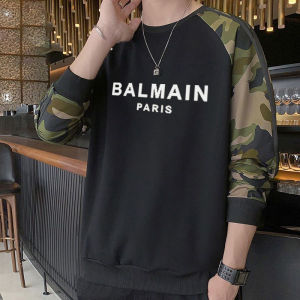 Original BALMAINˉPARIS Mens Cotton Long Sleeve Round Neck Sweater Fashion Loose Long Sleeve Round Neck T-Shirt Raglan Sweatshirt Hoodie