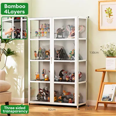 【On Hand】Bamboo Display Cabinet Acrylic 4/5Doors Three Sided Transparency For Living Room Dispiay