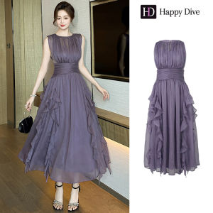 Happy Diva เดรสผู้หญิง เดรสสีม่วง เดรสชีฟอง เดรสทรงเอ เดรสทำงาน เดรสไฮโซ เดรสวินเทจ เดรสออกงาน เดรสปาร์ตี้ ชุดราตรี 80175