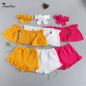 Bộ Quần Áo Mùa Hè Cho Bé Gái Thời Trang Áo Chui Đầu Tay Loe Trễ Vai Màu Trơn T Áo Sơ Mi Quần Short Áo Headband