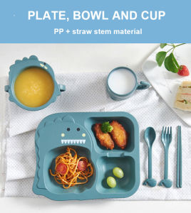 6pcs Kids Plate Set Baby Dinner Plate Set for Baby Feeding Plates for Kids Wheat Straw Tableware Include PlateBowlCupForkSpoonChopstick