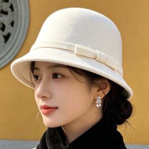 ETUALE Warm Fleece Winter Woolen Hat Soft Felt Korean Style Elegant Bucket Hat Bowknot Top Hat Solid Color Retro Cloche Cap Elegant Women