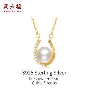 ZHOU LIU FU 周六福 S925 สร้อยคอเงินสเตอร์ลิง 8.5-9mm Freshwater Pearl Necklace 18K Gold Plated Cubic Zircon Adjustable Chain Timeless Jewelry Gift for Women Her 40+5CM X0614564