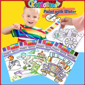 KiddoZone สมุดระบายสีน้ำระบายสีงานฝีมือสำหรับเด็กแบบทำมือสำหรับงานปาร์ตี้ของเล่นเพื่อการศึกษาสมุดวาดเขียน6หน้าพร้อมเม็ดสีและแปรง