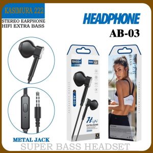 Headset handsfree + Mic AB-03 Stereo Earphone Super Bass Hifi Extra Bass Kabel Jack 35mm HF AB03