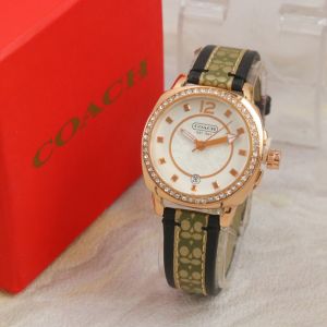 Box Exclusive Jam Tangan Coach Ring Permata Rose VA-862OR / Jam Tangan Fashion Wanita Tali Kulit Diameter 35cm