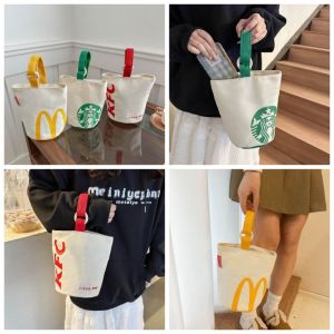 DVFDA สตาร์บัคส์สตาร์บัคส์ กระเป๋า McDonalds Bucket เคเอฟซี จุได้มาก กระเป๋าถือผ้าใบแคนวาส หวานหวานแหววว กระเป๋าใส่อาหารกลางวัน ถุงช้อปปิ้งถุง สำหรับผู้หญิง