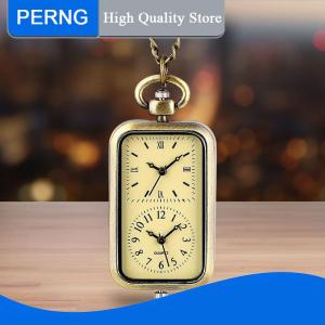 [PERNG] Tehe Exquisite Watch Bronze Keychain Pocket Watch Square Retro Double Time Movement Quartz Watch Without Cover Antique Style Pendant