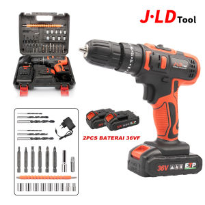 JLD Mesin Bor Baterai 36Vf Mesin Bor Cas 2 Batre 10mm/13mm Bor tangan tanpa kabel Torsi 35Nm Impact drill Bor cordless Bor bolak balik bor beton tembok kayu dan besi