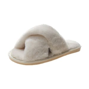 [Moon] Cute home plush slippers for women wearing flat bottomed non slip exposed toe crossed woolen cotton slippers on the outside