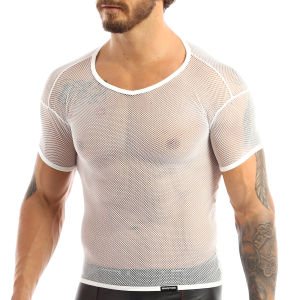 ZEEMIN Mens See-Through Fishnet Undershirts Muscle Showing Tee Shirts Short Sleeve Clubwear Rave Party Tops Shirt Nightclub Costume