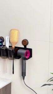 AE Hair dryer holder no-drill wall-mounted bathroom storage rack for hair dryer toothbrush and toothpaste three-in-one organizer