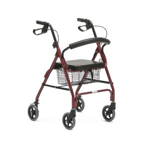 รถหัดเดิน Rollator รถเข็นหัดเดิน สีแดง มีที่วางเท้า อุปกรณ์หัดเดิน ผู้สูงอายุ ขนาดล้อ 6 นิ้ว มีเบรคมือ โครงอลูมิเนียม แข็งแรง พร้อมส่ง !