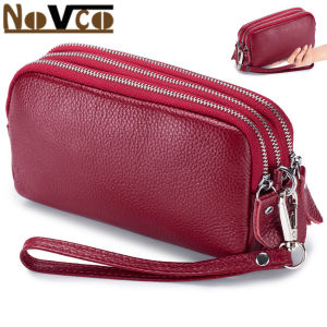 Novco Genuine Leather Women Long Wallet 3-Layer Zipper Clutch Purse Bag New Large Capacity Wristlet Wallet Phone Bag Money Pocket Lady Clutch Coin Purse With a Wristlet Strap