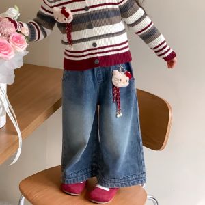 Christmas gifts Halloween Kawaii Childrens Hello Kitty Striped Cardigan Sanrio Autumn New Soft Jeans Cartoon Anime Girl Casual Costume Christmas Gifts
