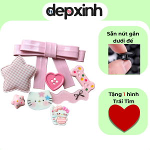 Bộ 7 CHARM STICKER - Nơ Hồng - Phụ kiện nhựa cứng vải mềm gắn lên giày dép sục có lỗ