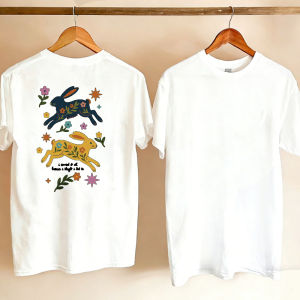 [Local Stock] HBESTY  Embroidered Crew Neck Short Sleeve T Shirt with Rabbits Floral Stars Pink Quote Funny Outdoors High Quality Cotton Short-sleev