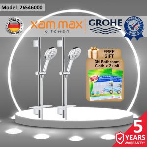 Grohe 26546000 Chrome Rainshower 130 Smart Active Round Hand Shower Head Set 600mm Shower Rail / 3 Spray / Massage/ Premium shower head spray / toilet / bathroom / Tandas / Water heater / Penapis Air / Kepala Pancuran Mandian/Rainshower head/High pressure
