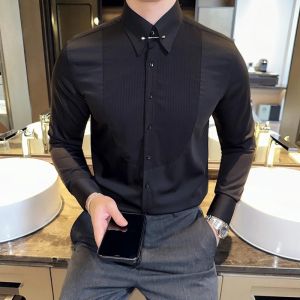 Neckline Metal Decorative Design Men Shirt Fashion Pleated Striped Long Sleeve Slim Business Social Tuxedo Shirt Mens Clothing2026